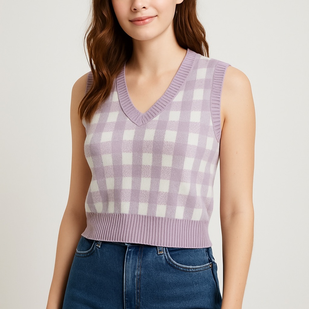 NikTak Lavender Plaid Knit Sweater Vest – Size Small